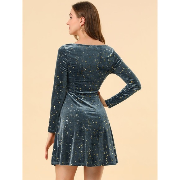 Allegra K Velvet Dress Small Green Gold Stars Square Neck‎ Long Sleeve Mini NWT - Picture 2 of 10